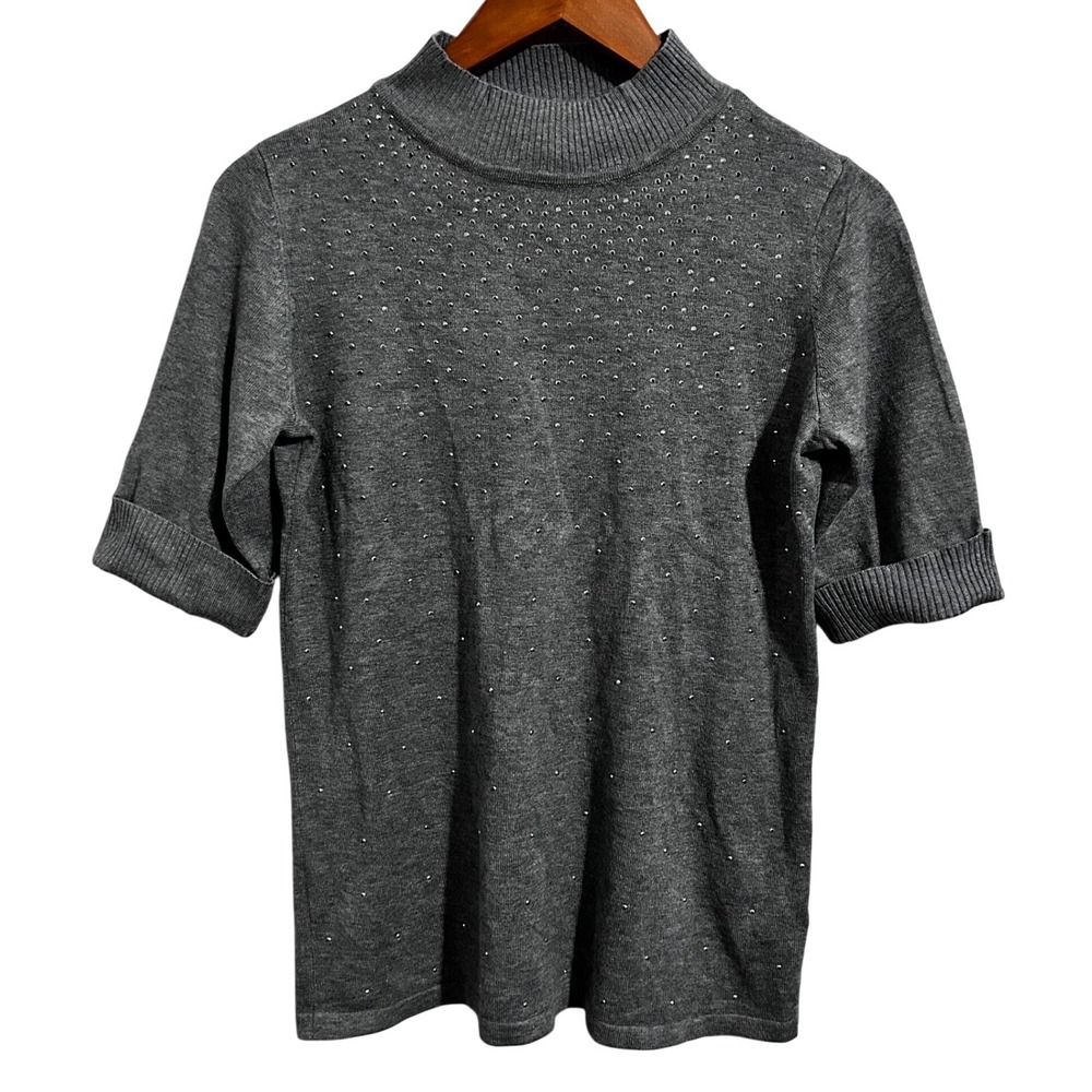BYdesign Gray Short-Sleeved Mock Turtleneck Sweater Embellished Women's‎ Size M